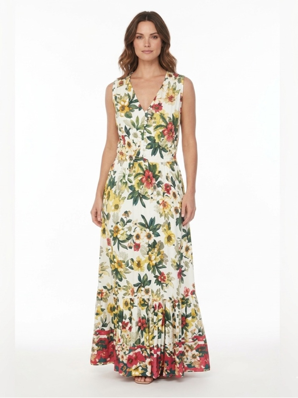 ECI New York Tropical Island Floral Sleeveless Maxi Dress Boho Ruffle Hem Size S - Picture 11 of 11